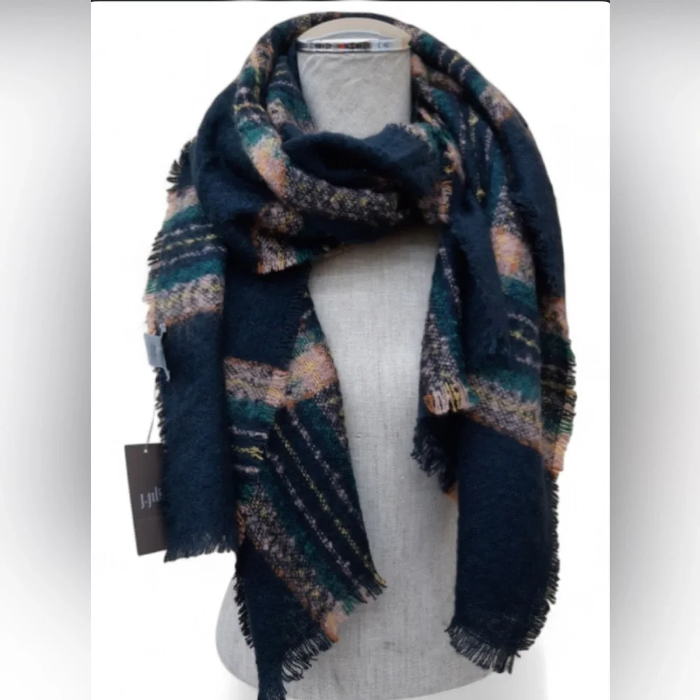 NWT J. Jill Navy Multi Plaid Scarf | Blue Green Pink Tartan Fringed Wrap